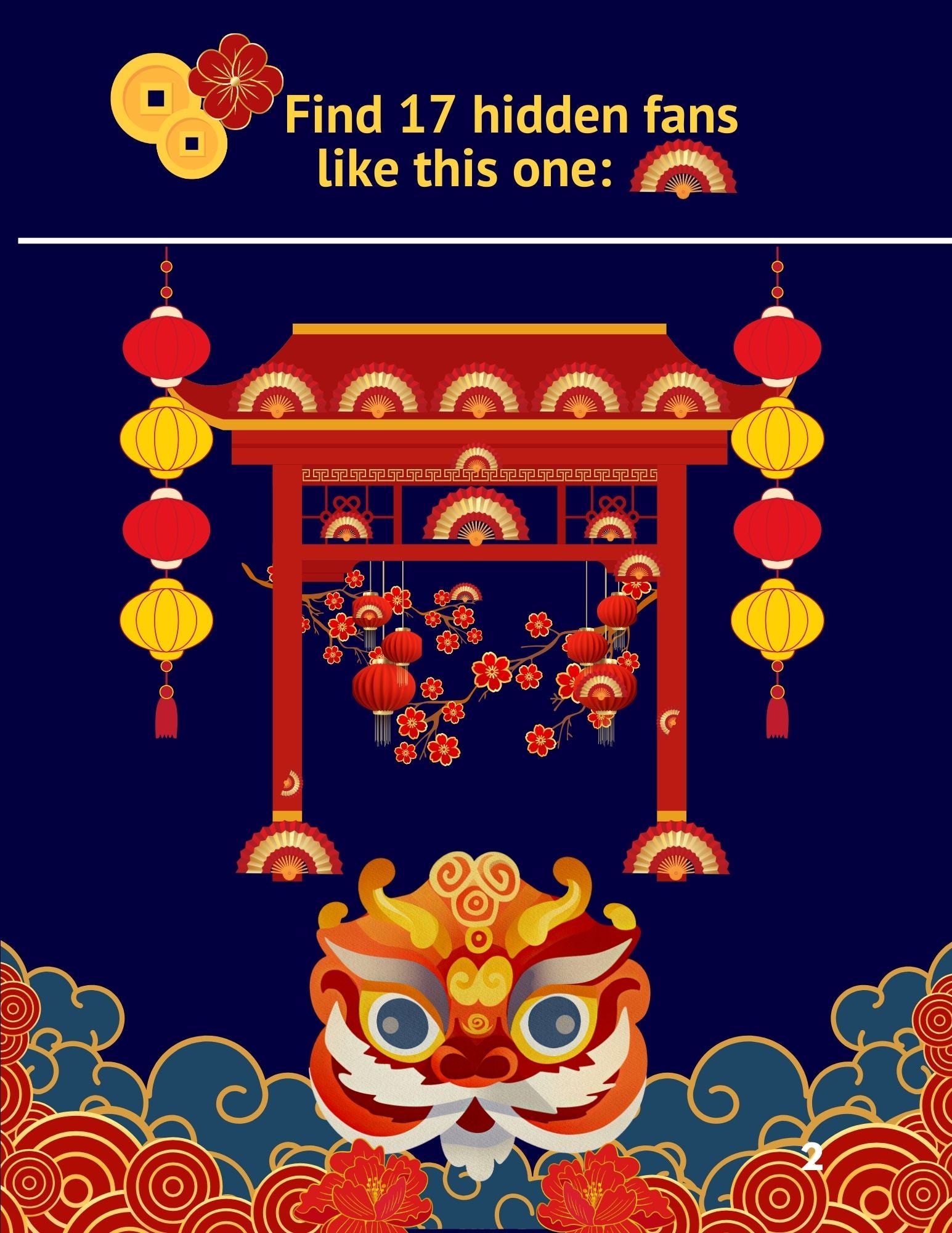 Game-like image with a traditional Chinese design and text inviting viewers to find hidden fans.
