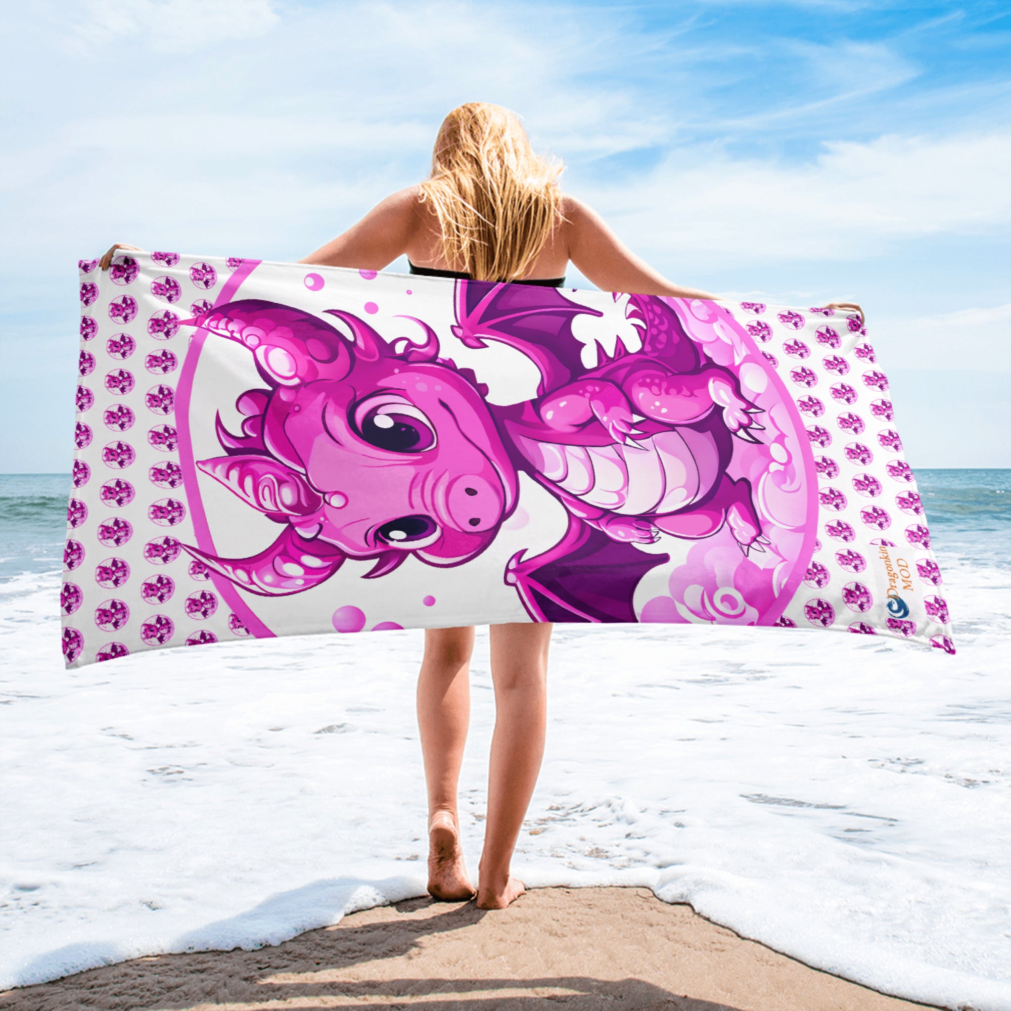 Bubbles Dragon Pink and White Towel